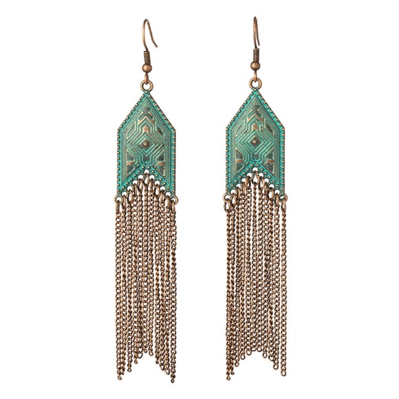 Vintage Patina Bronze Filagree Ornate Tassel Fringe Long Teal Copper Earrings - Picture 7 of 7